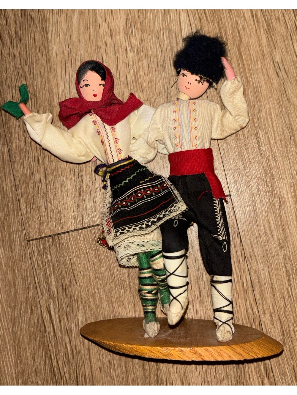 Vintage Bulgarian Folk Art Dancer Dolls Pair 8" Wood Base Traditional Costume